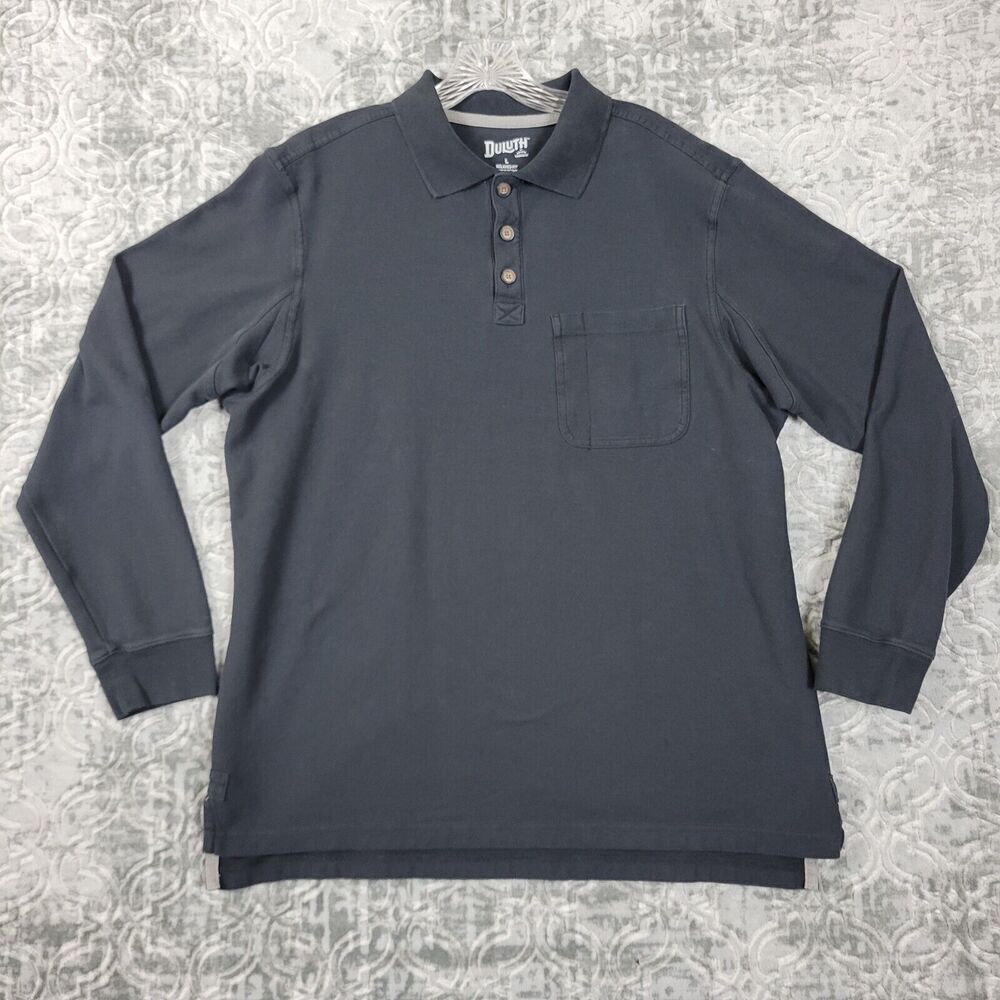 Duluth Trading No Polo Shirt Mens L Large Black Long Sleeve Relaxed Fit Workwear